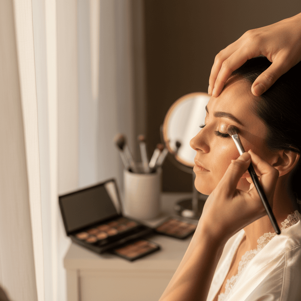 दुल्हन के चेहरे पर मेकअप आर्टिस्ट ब्रश से हाइलाइटर लगा रही हैं